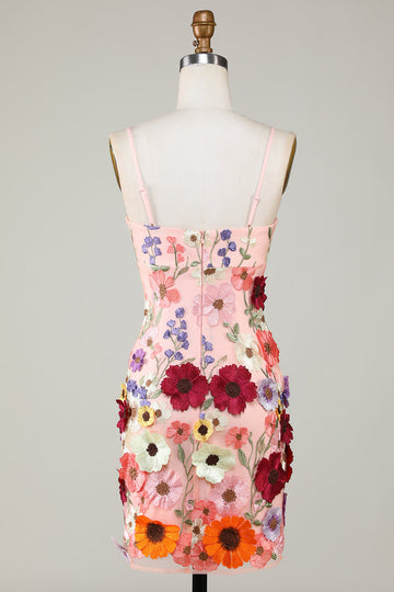 Vaina Spaghetti Straps Blush Homecoming Vestido con flores 3D
